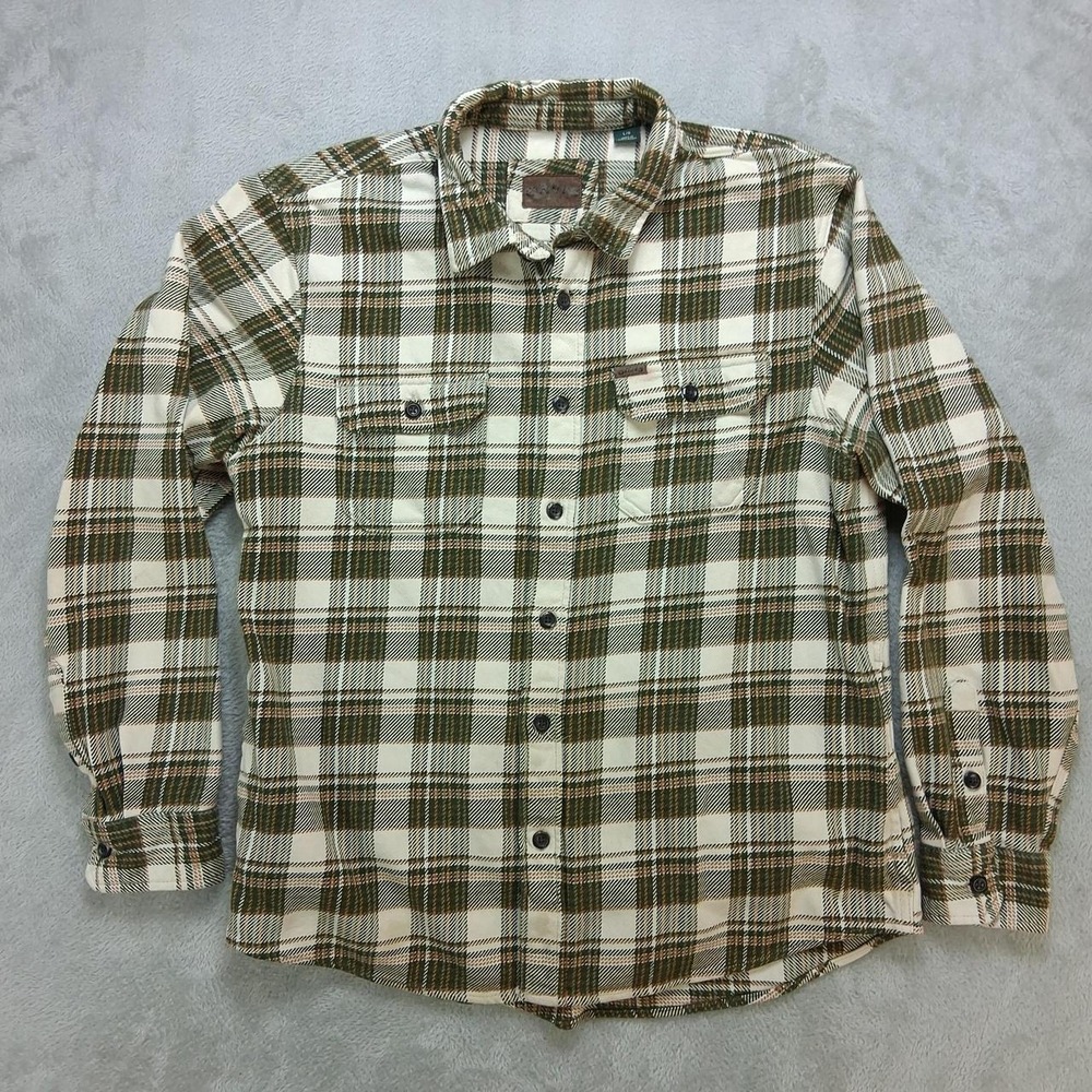 Orvis Mens Long Sleeve Flannel Shirt Green Brown Plaid Heavyweight Cotton Large
